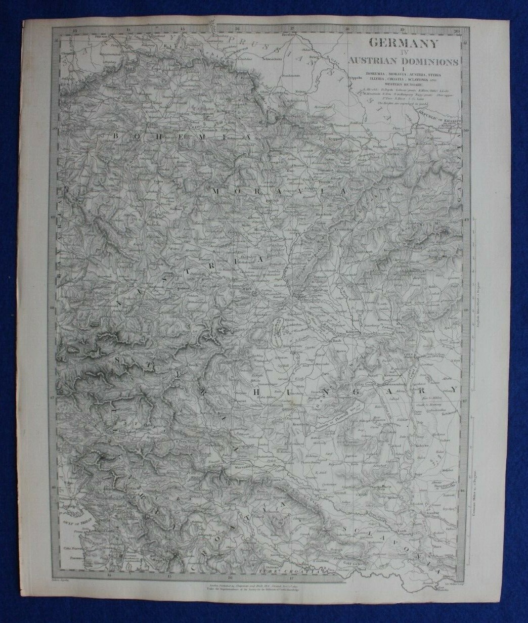 BOHEMIA, MORAVIA, HUNGARY, CENTRAL EUROPE, original antique map, SDUK, 1844