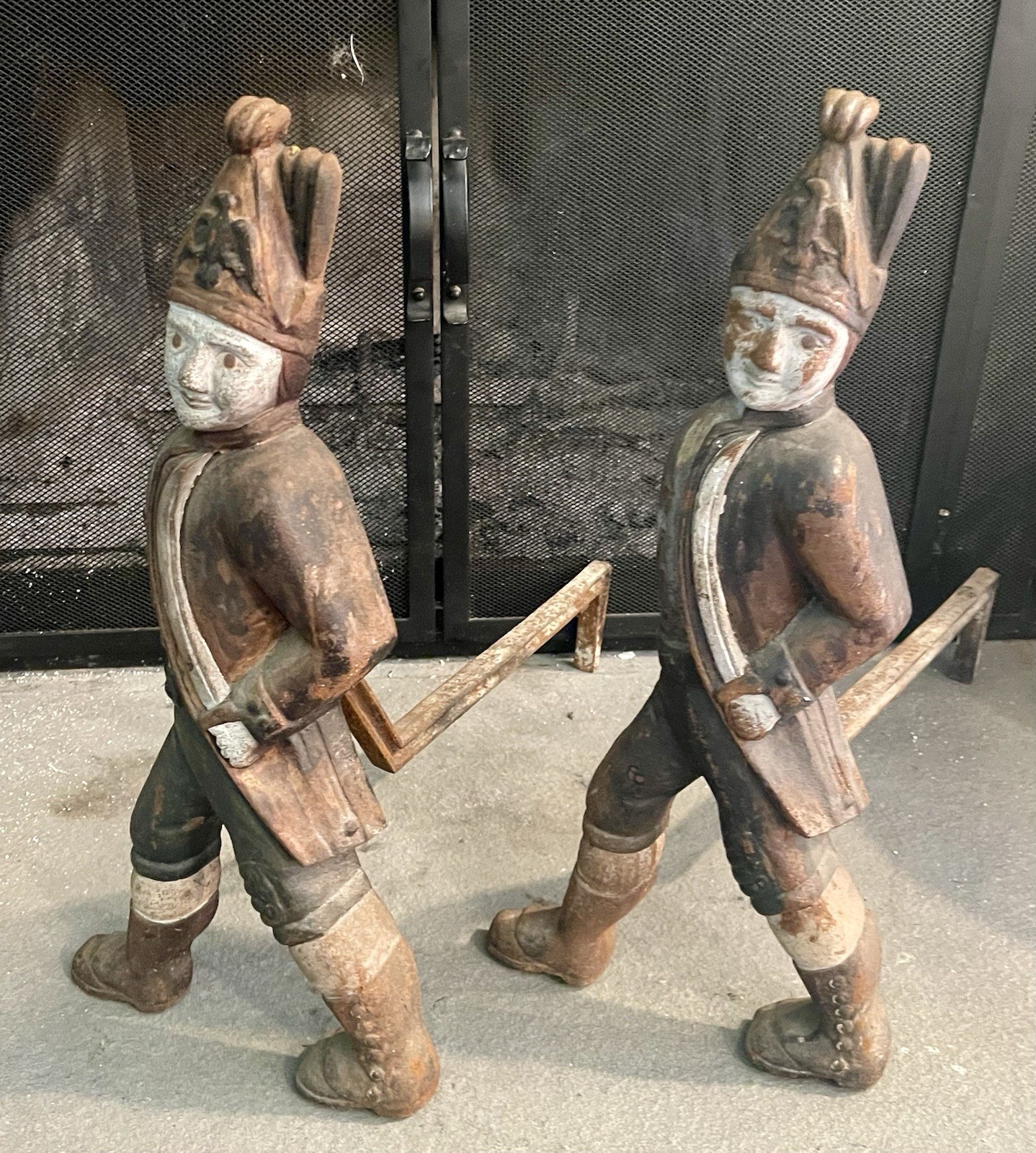 Hessian-Mid 19th C. Hessian Soldiers Cast Iron Original Hand Painted Andirons