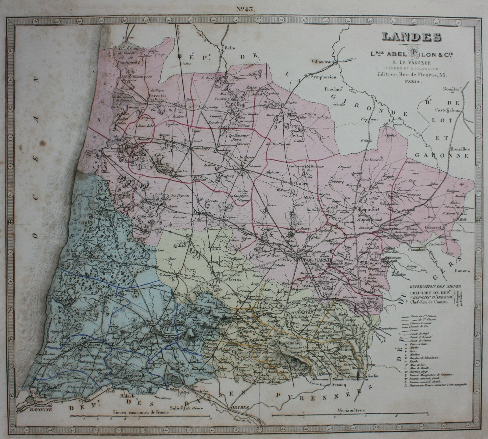 LANDES, MONT-DE-MARSAN, FRANCE, original antique map, Lorsignol, Le Vasseur 1877