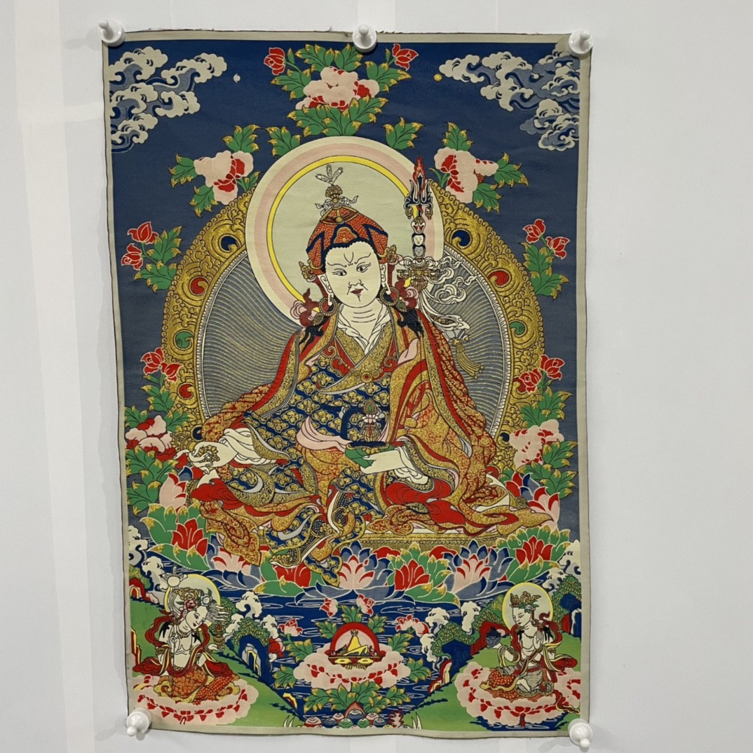 35in Handmade Silk Embroidery Tibetan Thangka Padmasambhava Religious Art Decor