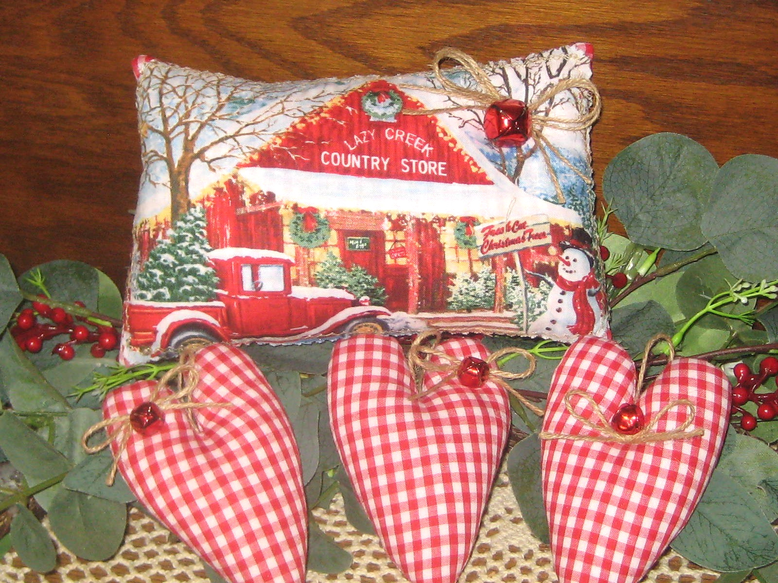 Country Christmas Red Truck Snowman Fabric Sign 3 Hearts Wreath Accents