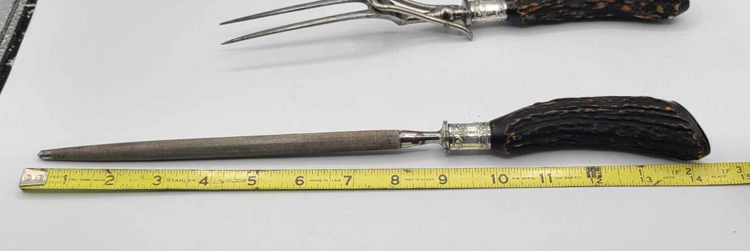 Antique Lamson & Goodnow Sterling Silver & Stag Horn Handle 3 piece Set Monogram