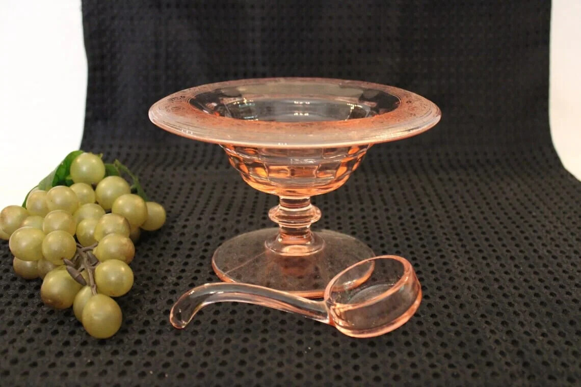Pink Depression Glass Mayo Set – Optic Pattern with Rose Etch Rim – Pink Ladle