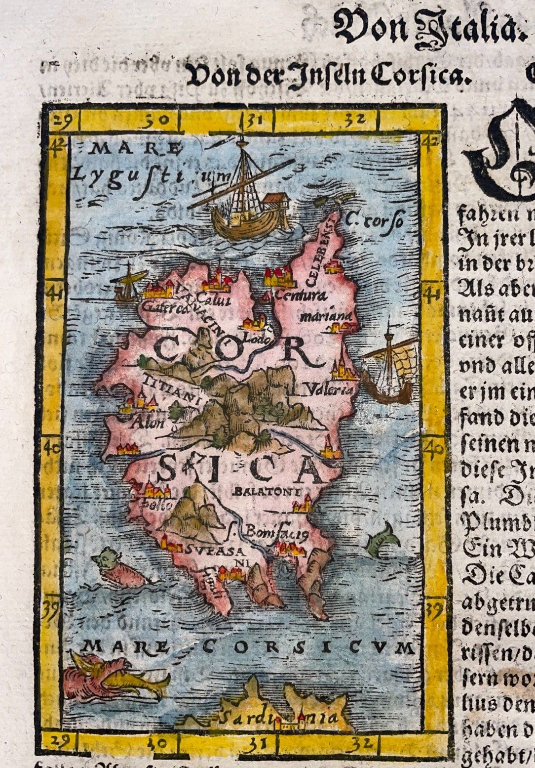 CORSICA FRANCE 1578 SEBASTIAN MUNSTER UNUSUAL ANTIQUE MAP 16TH CENTURY