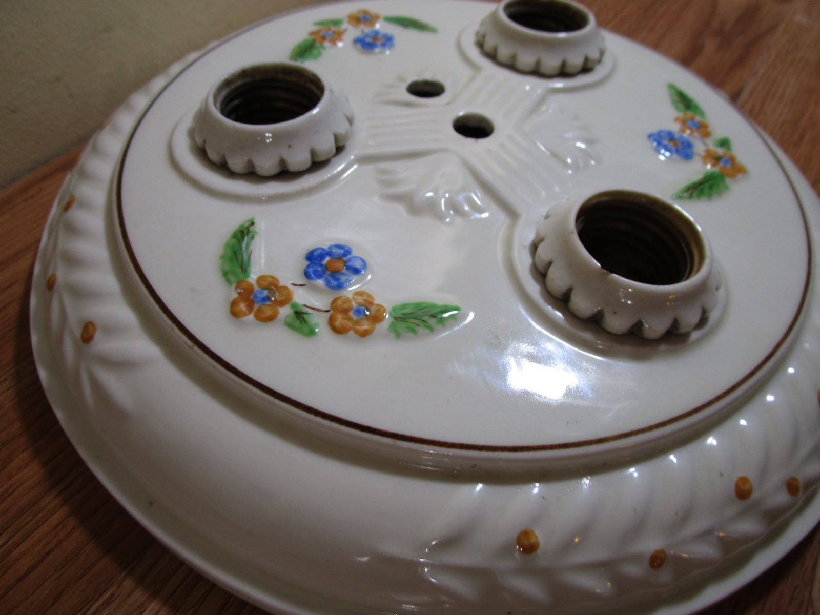 Antique Ceramic 3 Light Fixture Ceiling Flush Mount Orange Blue Flowers