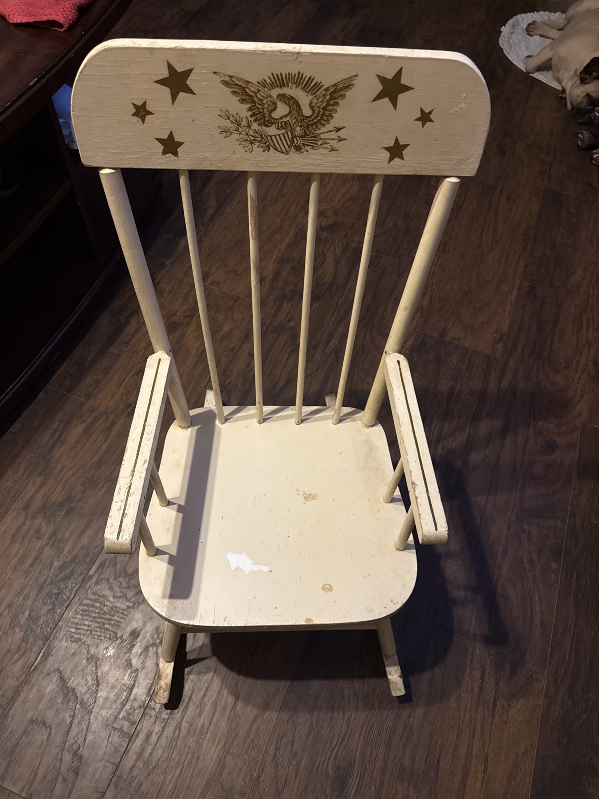 Bicentennial Themed Kids Rocking Chair With Painted Gold Eagle On Front 1976
