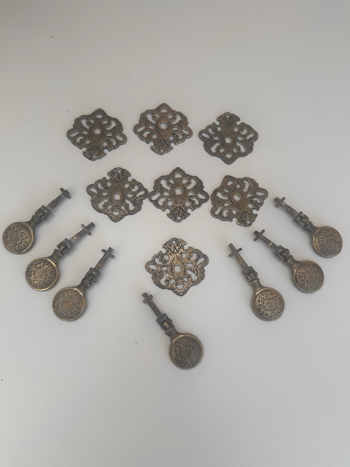 7 Vintage Solid Brass Campaign/Captains Chest Drawer Pull Handles & Backplates