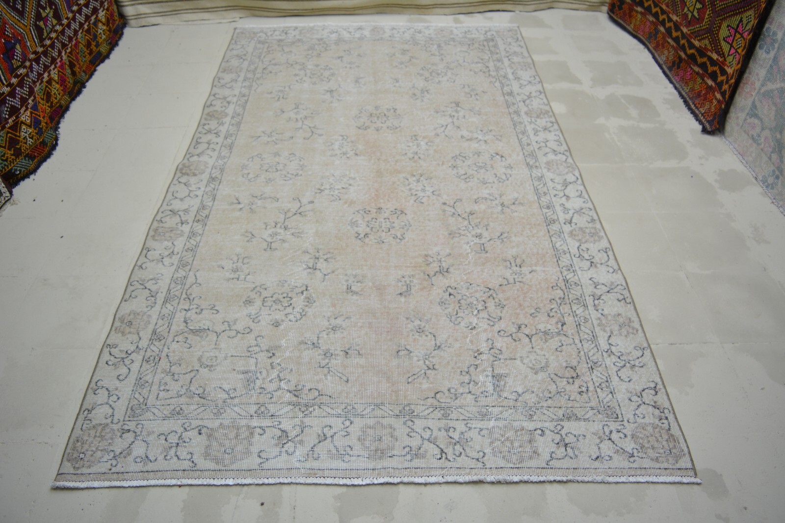 Red Faded Bordered Turkish Vintage Rug, 5.1×8.6ft, Antique Floral Handmade Rug,