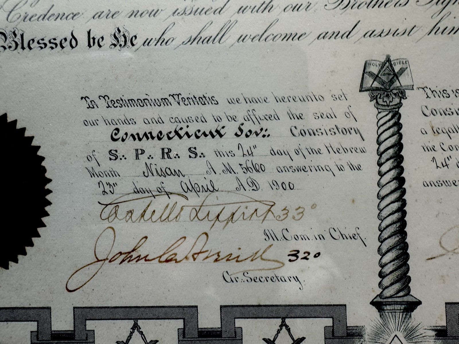 Original 1900 Masonic Certificate – Supreme Council – James Timothy Pratt Jr.