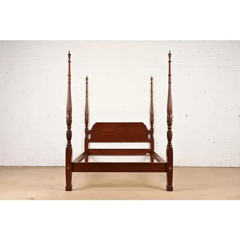 Ethan Allen Georgian Carved Solid Cherry Wood King Size Poster Bed