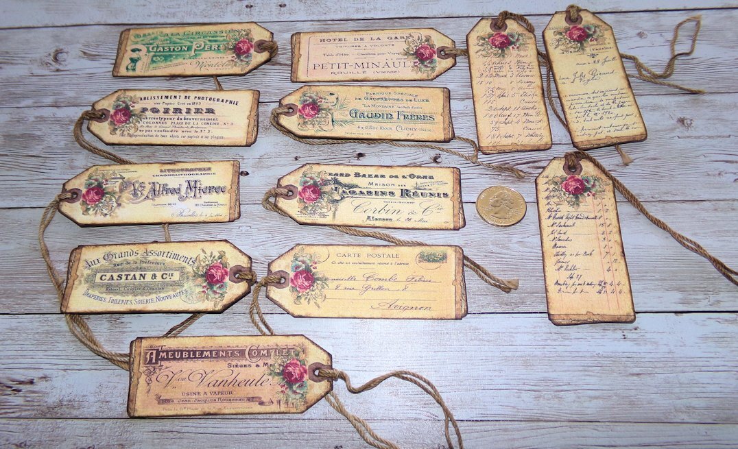 12~Vintage~Ephemera~Old Papers~Junk Journal~Linen Cardstock~Gift~Hang~Tags