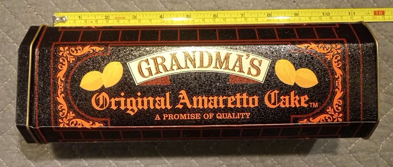 Grandma’s Original Amaretto Cake Tin Made In England Black & Orange Empty Nice
