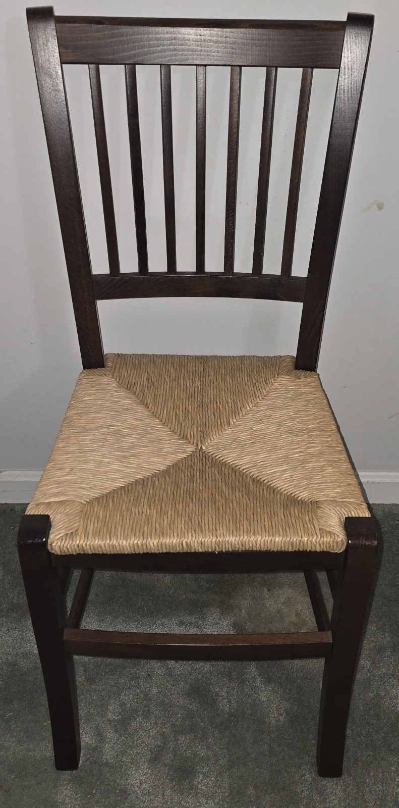 Antique Wood Farmhouse Chair With Woven Straw Rush Seat Spindle Back 37″tall