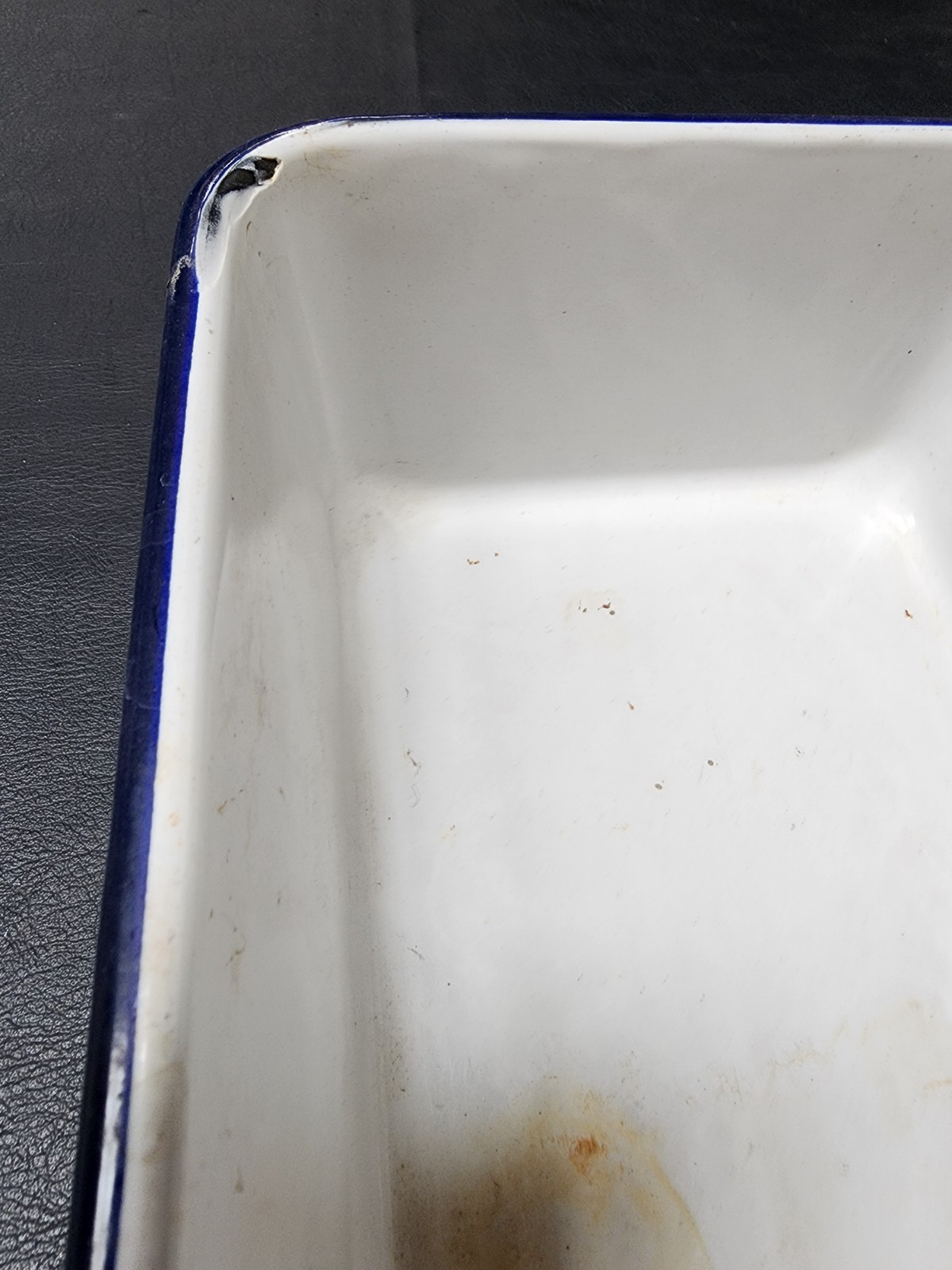 Vintage Enamelware rectangle white w blue trim container Kitchen Ware