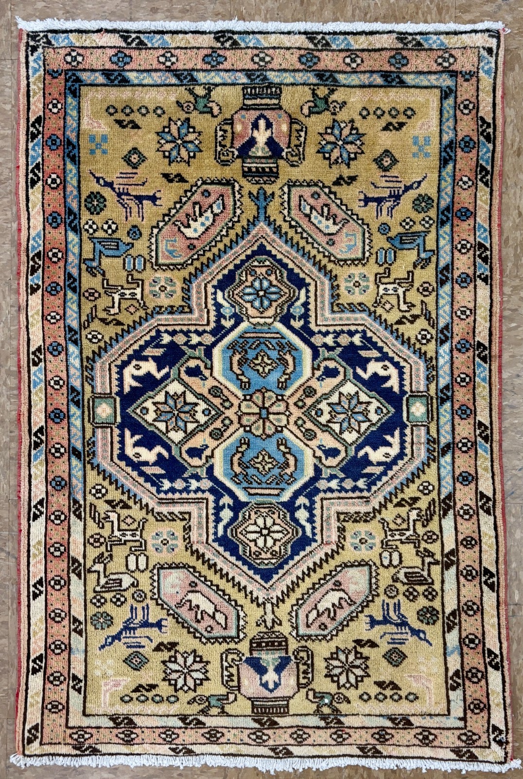 2×3 Vintage Hand Knotted Wool Area Rug Ardebil Tribal Yellow Animal Oriental