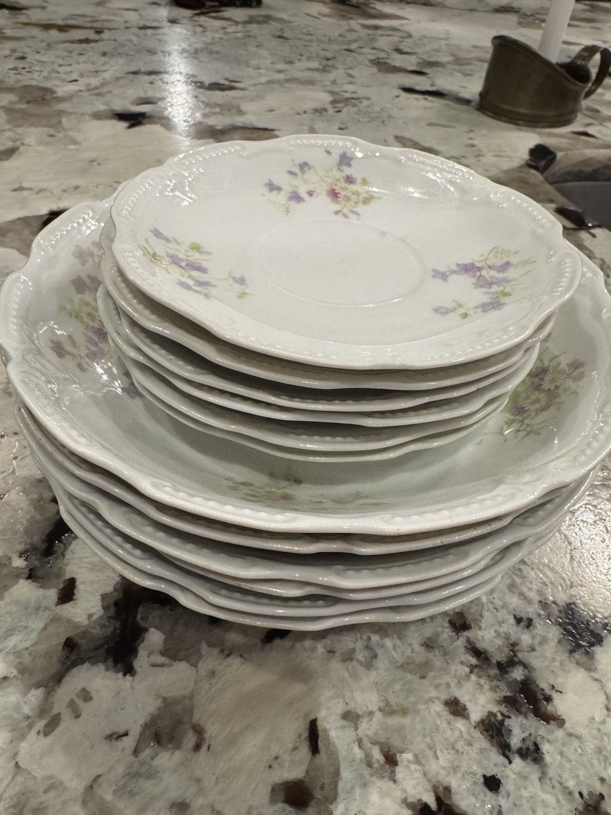 Limoges Coronet France 6 bowls & 6 saucers Purple & Green Flowers Hand Painted