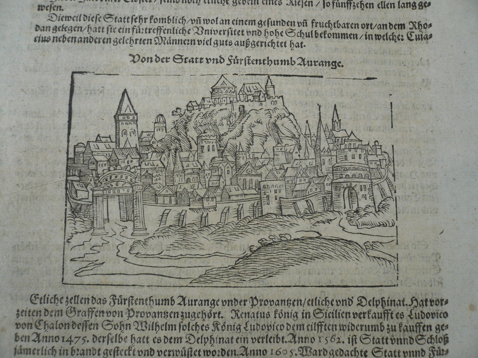 Orange,townview,S.Munster anno 1610 Woodcut, edited by Sebastian Munster,