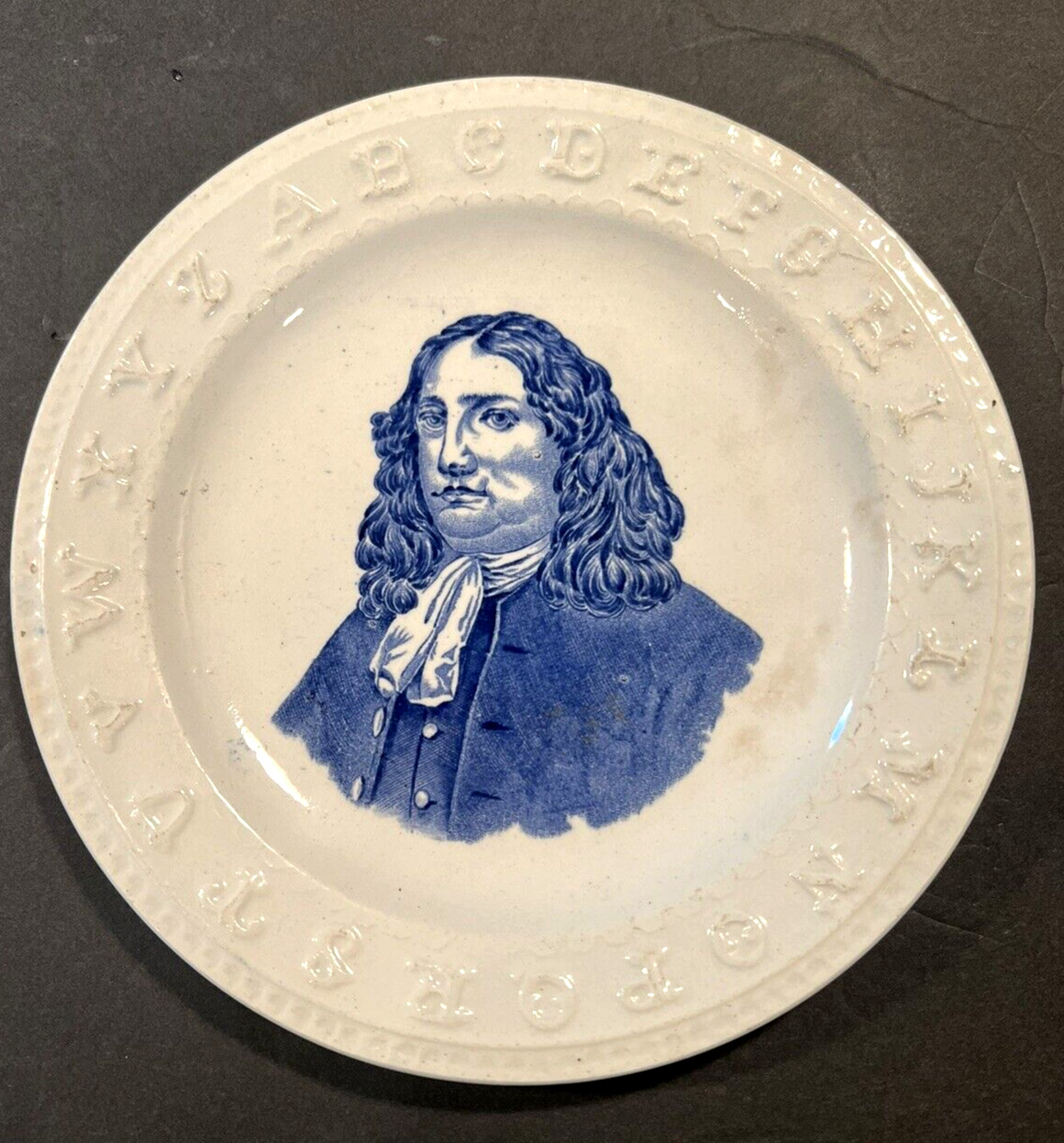 Rare Antique William Penn Blue Transferware Alphabet ABC Plate 7.5″ A Beauty