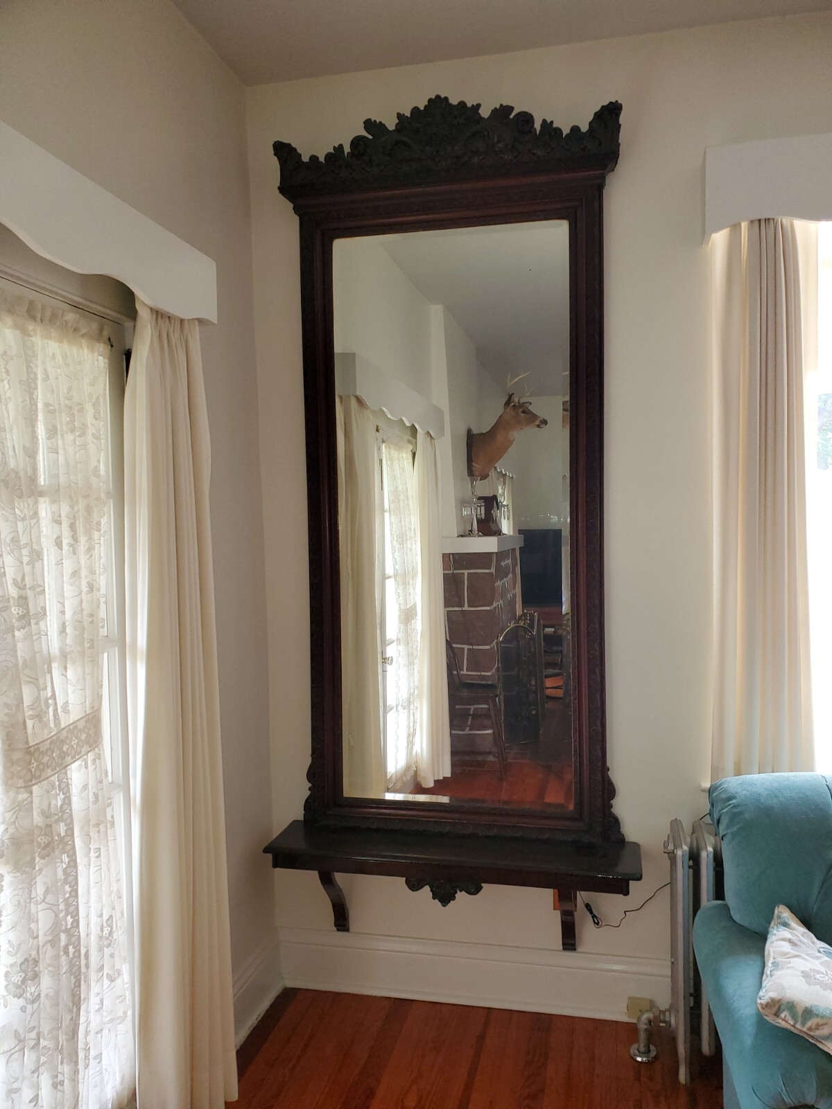ANTIQUE VICTORIAN WALL MIRROR 1899, WALNUT WOOD AND PLASTER