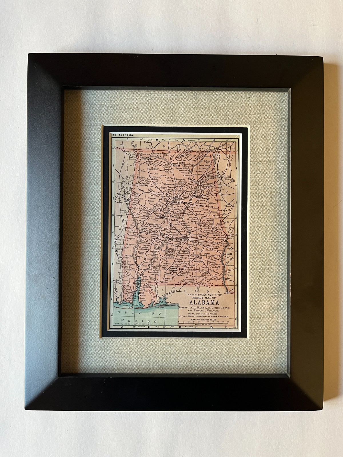 1898 ALABAMA State Map fm 1903 Crown Encyclopedia Framed w/Dbl Mat SEE DESCRIP
