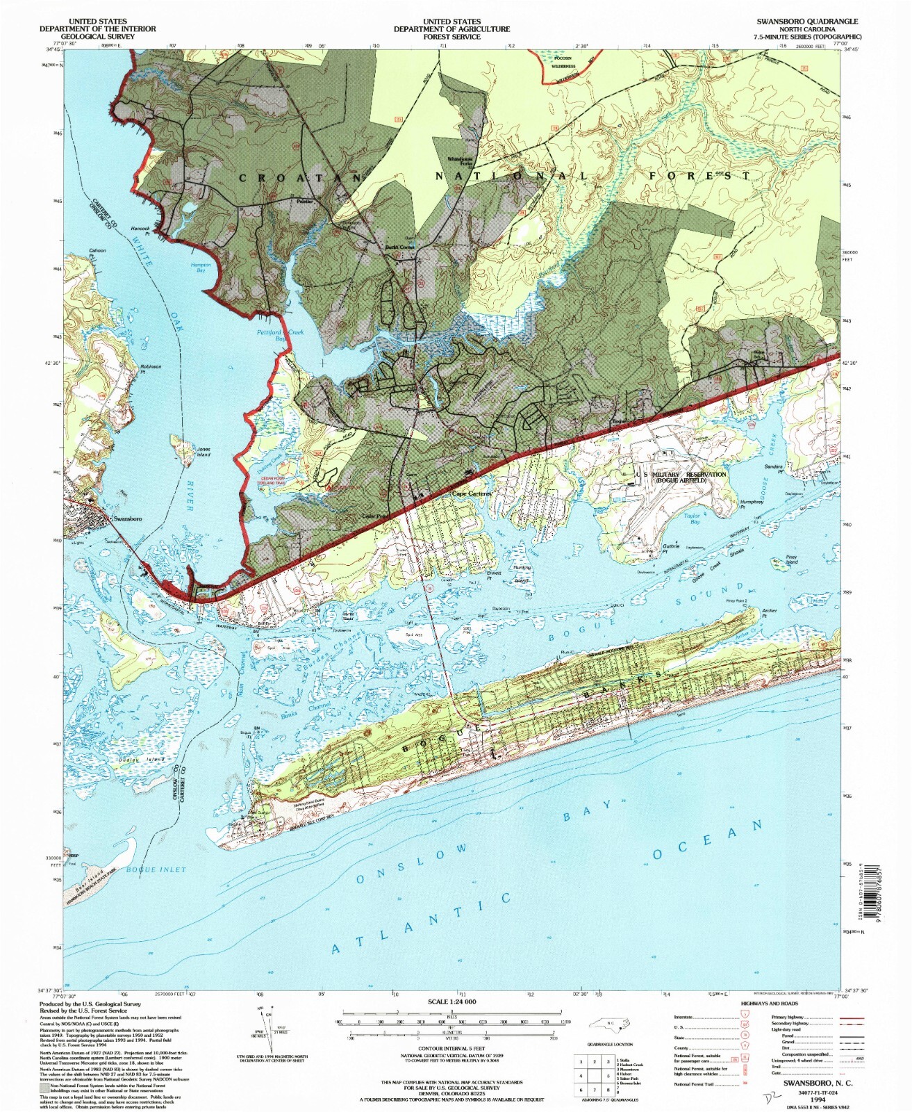 Swansboro NC Topographic Map 1994 USGS – Premium Matte Print – Coastal NC