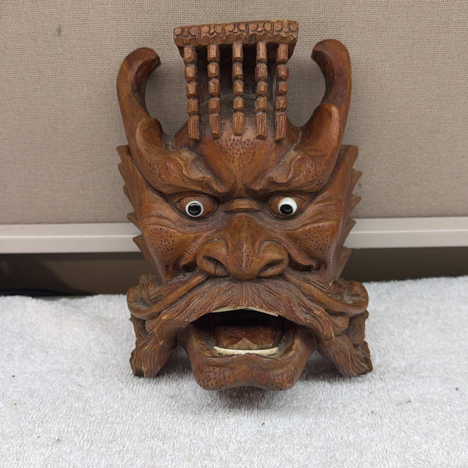Antique SE Asian Naga Hand Carved Wood Demon Face Intricate Details 7” X 5”