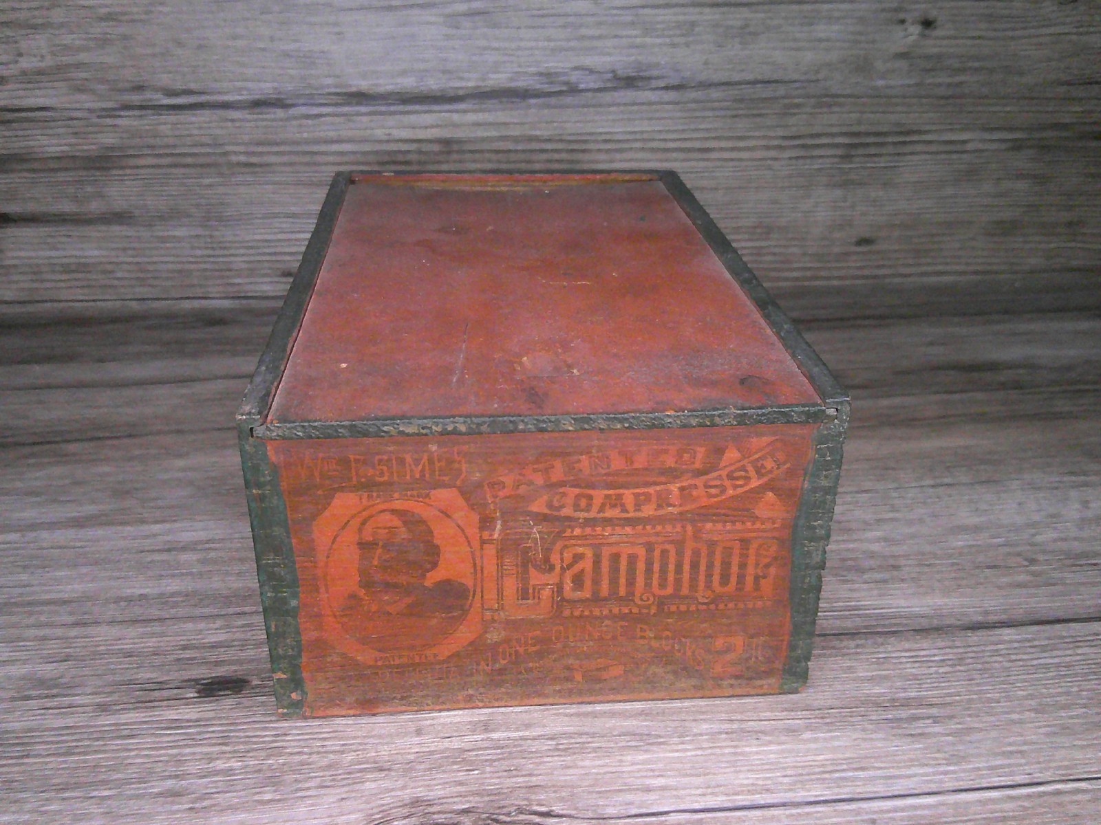 antique wooden box sliding top advertising Wm. F. Simes Camphor treatment C