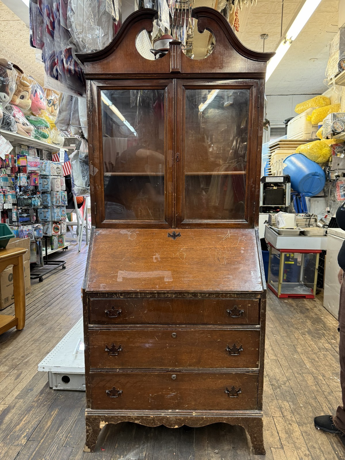 Vintage Chippendale Style Secretary Desk Hutch Drop Front Glass Doors