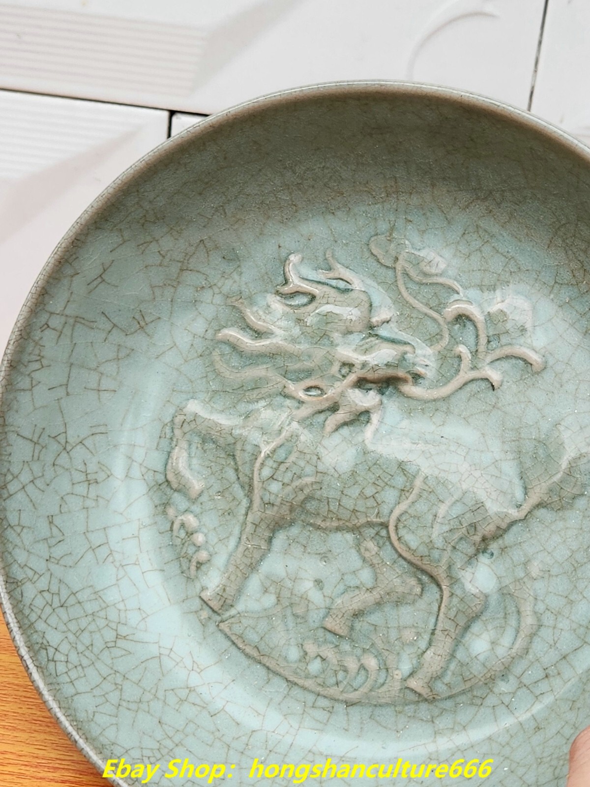 8″Old China Song Dynasty ru kiln porcelain dragon kylin pen wash Plate ashtray