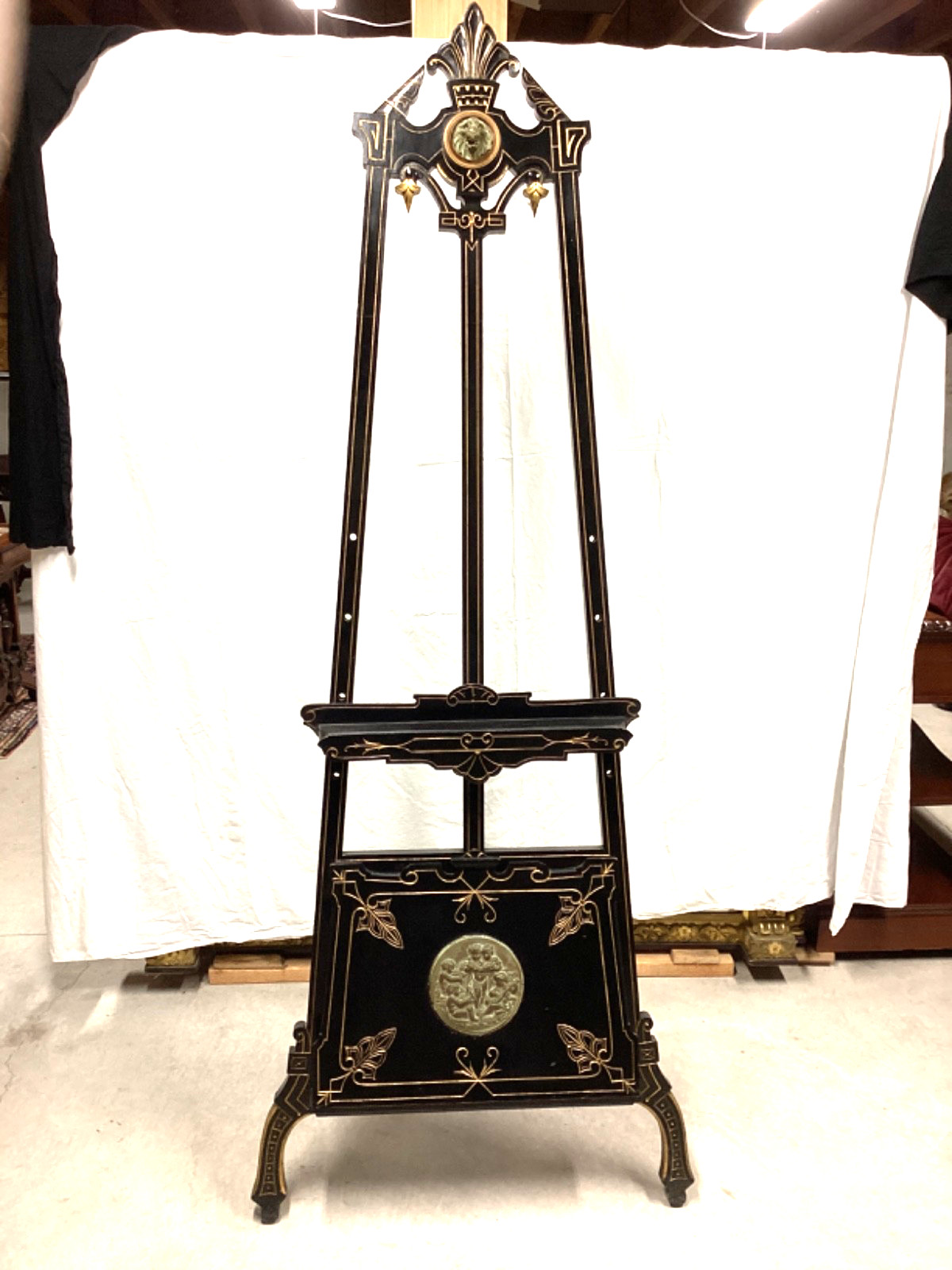 antique lion head art EASEL bronze cherub ebonized 19th c attr Pottier stymus