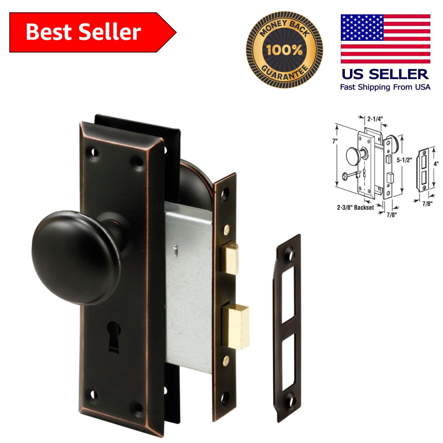 Weather Resistant Mortise Keyed Lock with Traditional Bronze Knob – Easy Install