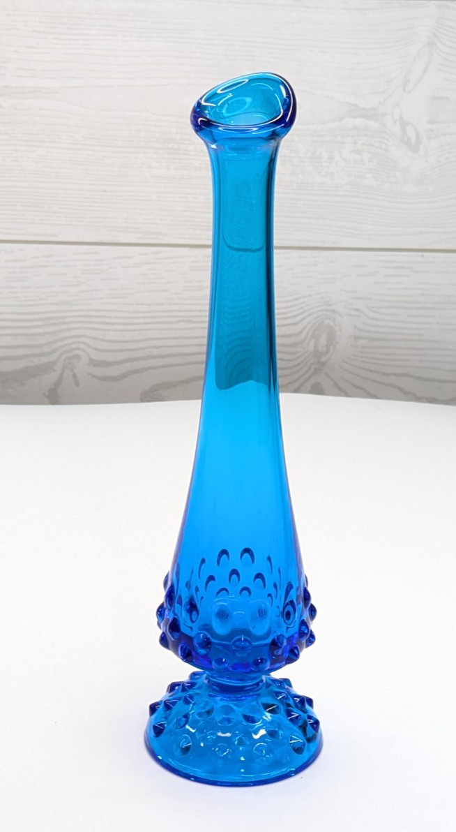 VTG Colonail Blue Fenton Hobnail MCM Swung Bud Flower Vase 9.5″ Tall
