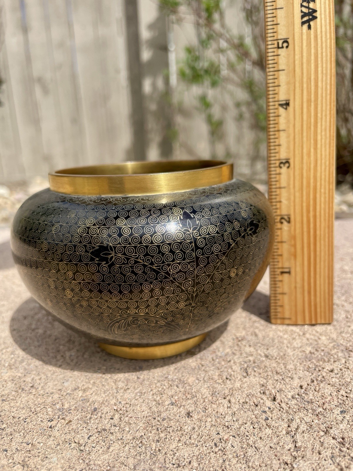 ANTIQUE CLOISSONE VASE WASHER JAR ENAMEL ON BRASS BLACK WITH GOLD DESIGN