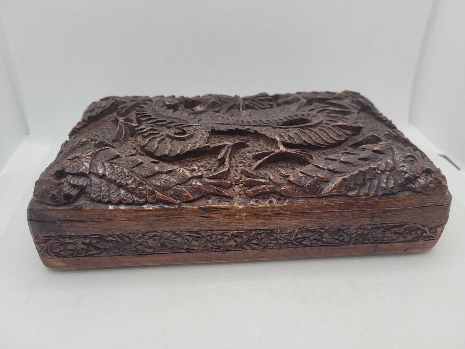 Vintage Chinese Carved Wooden Box Dragon Dark Hardwood Cigars Cards Jewellery