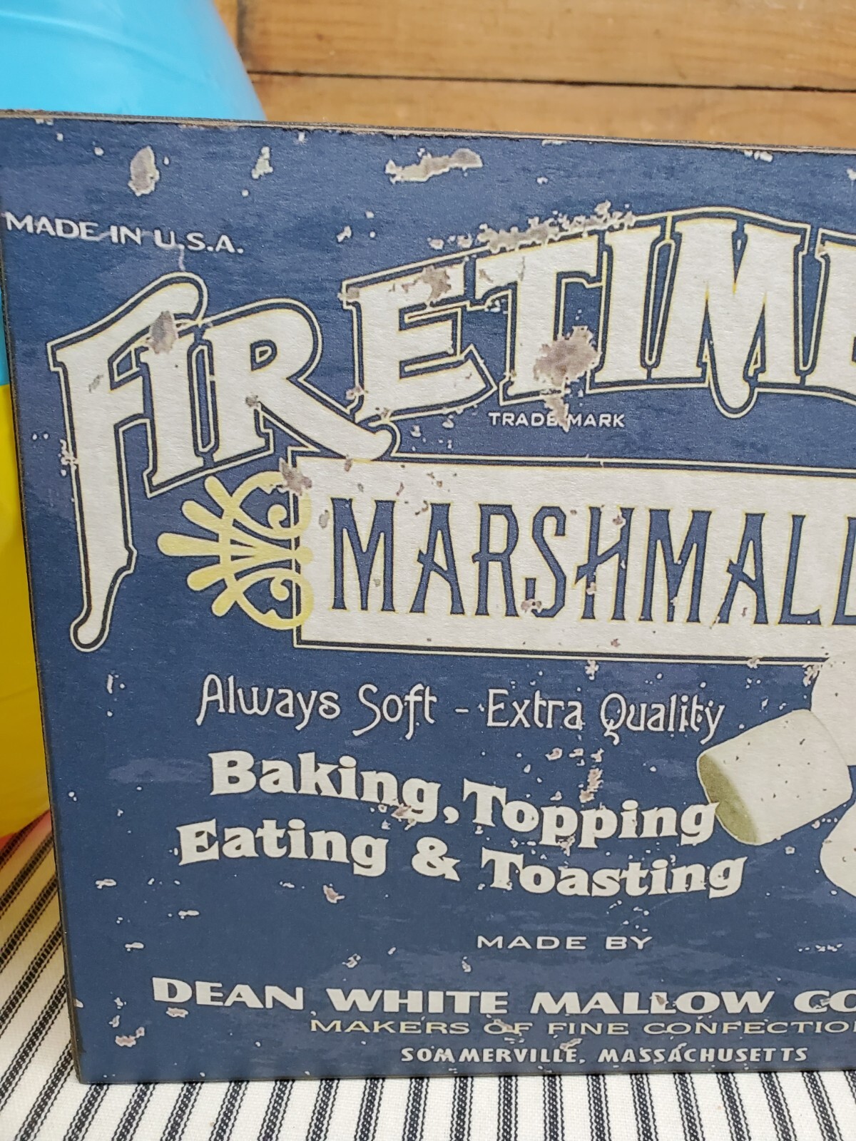 AWESOME PRIM ANTIQUE VINTAGE RETRO AMERICANA TIN STYLE FIRETIME MARSHMALLOW SIGN