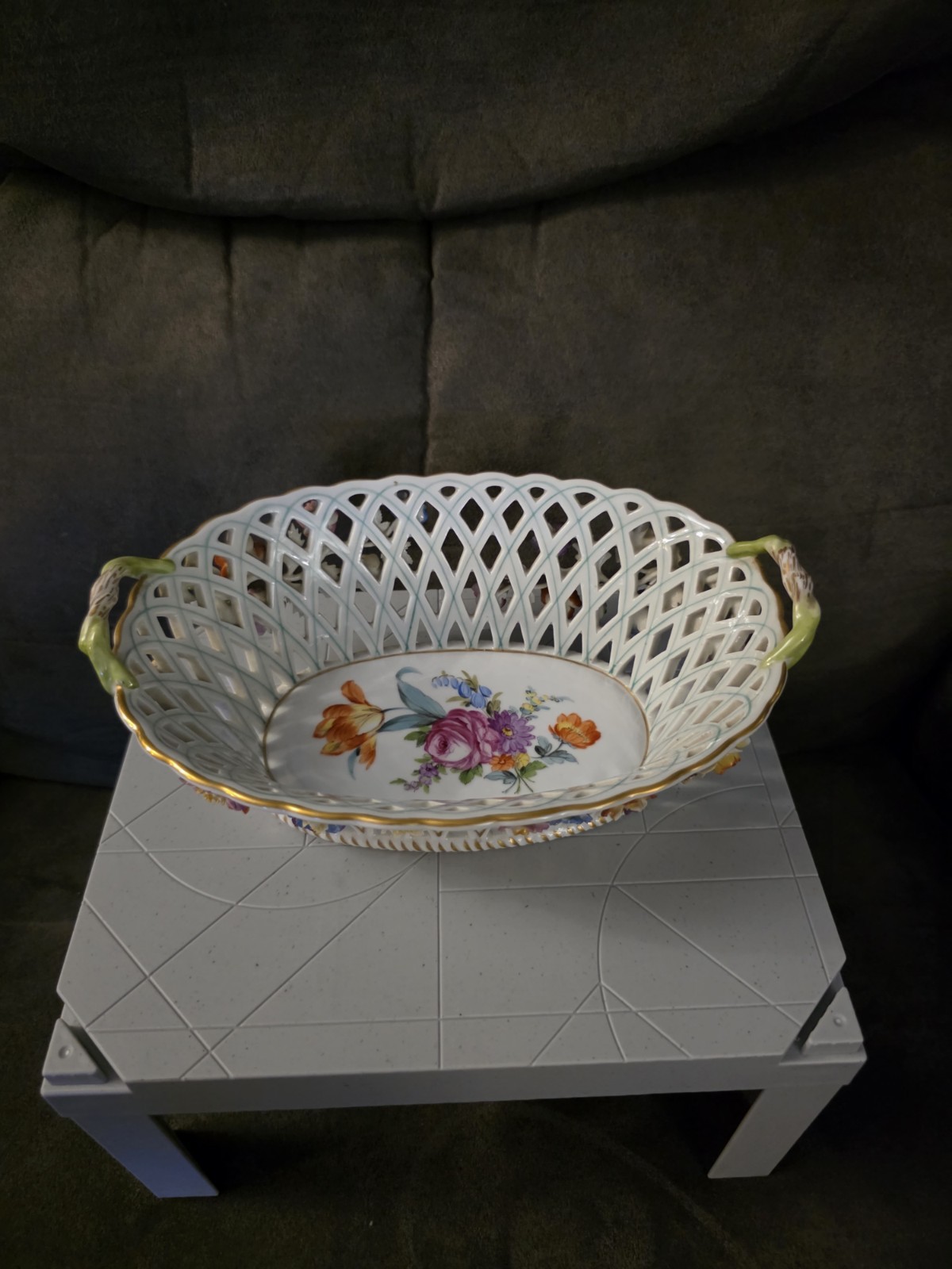 Rare CARL THIEME DRESDEN RETICULATED LATTICE APPLIED FLOWERS BASKET