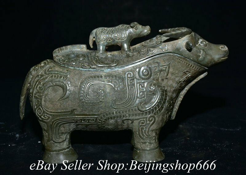 10″ Old Chinese Bronze Ware Silver Dynasty Drinking vessel Cattle Zun Statue