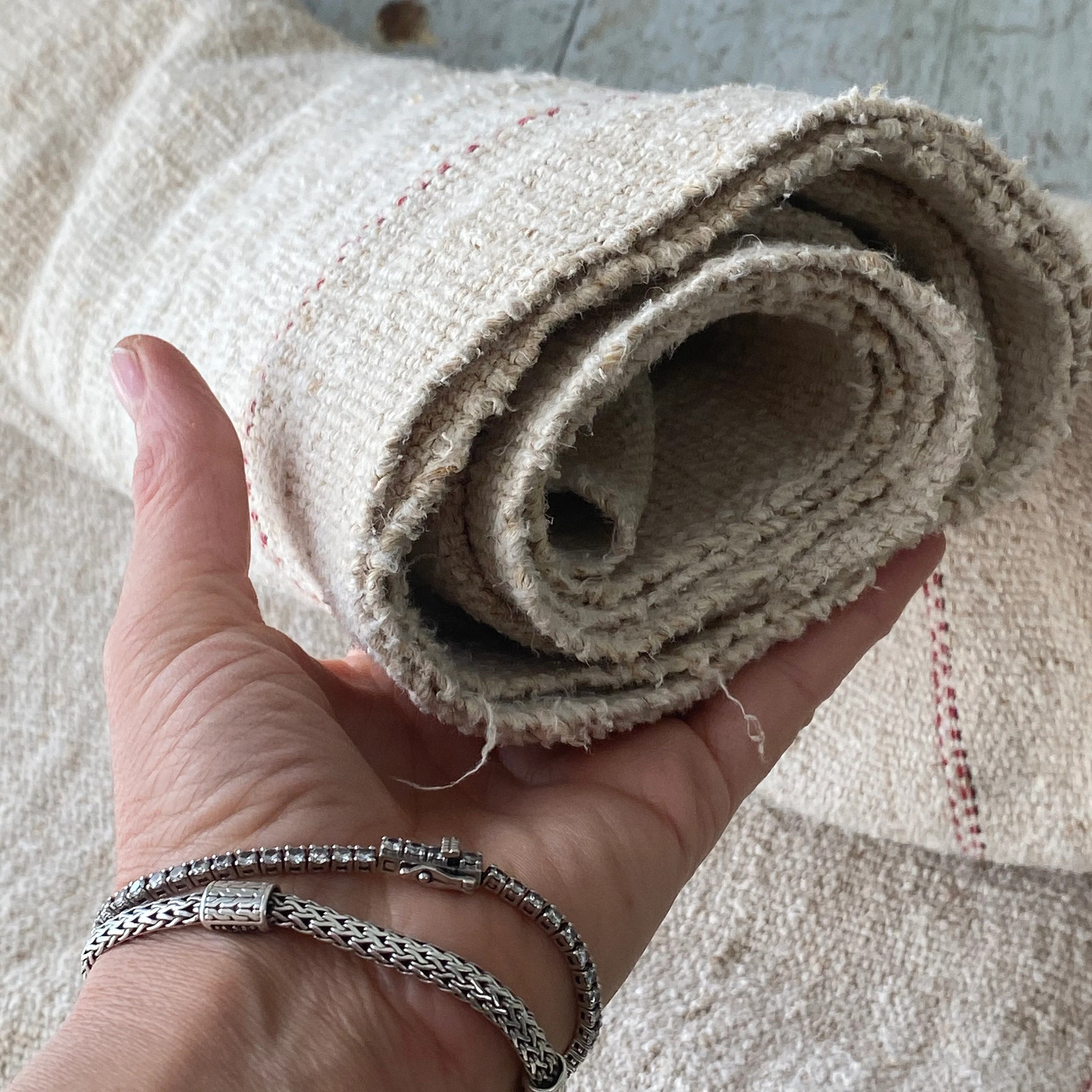 Nubby fabric hand woven homespun hemp Grainsack linen organic natural material