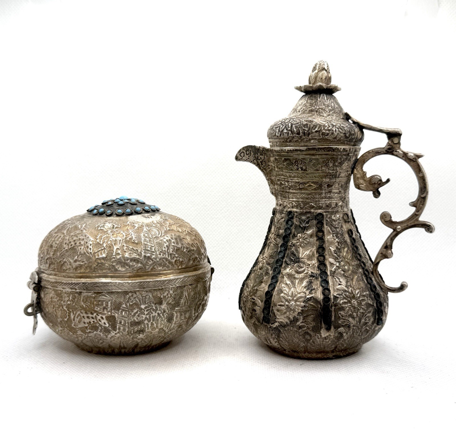 Antique Turkish Ottoman Islamic Silver Coffee Pot Box Turquoise Set