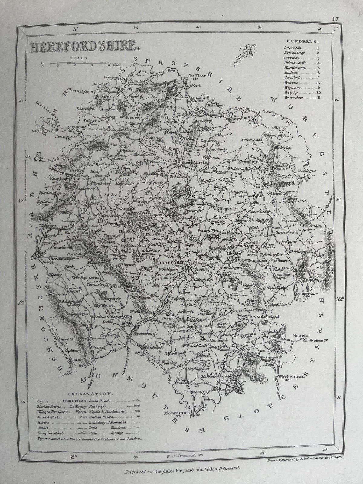 1850 Antique Map; Herefordshire by Joshua Archer