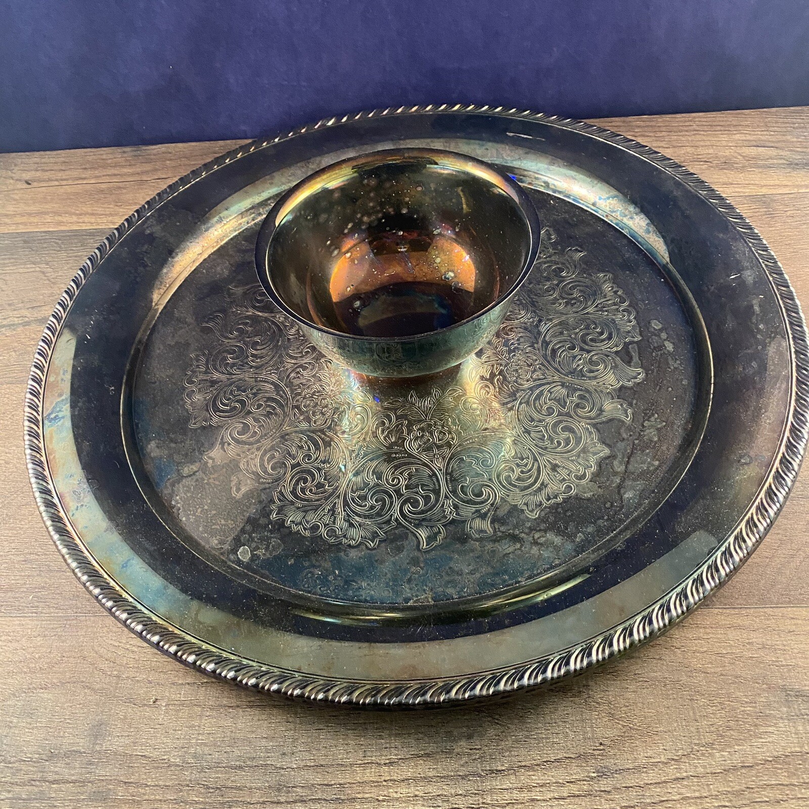 Beautiful Silver Plate Chip and Dip Tray and Cup Vintage 15 inch Oneida