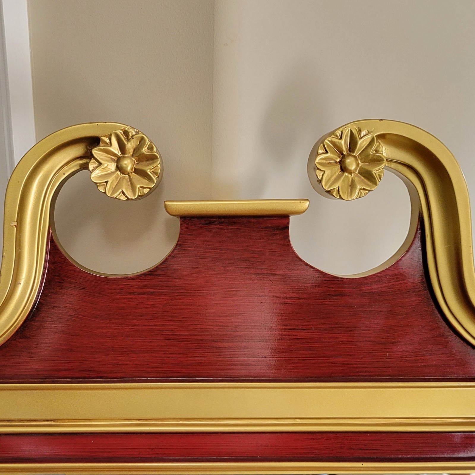 Vintage Federal/Chippendale Style Red & Gold Mirror Rosettes & Carved Fretwork!
