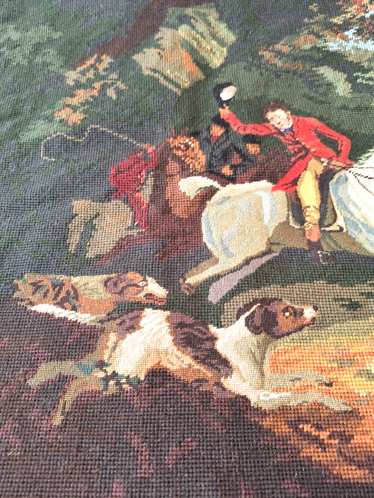 Vtg Needlepoint Tapestry Wall Hanging Hunting Scene Bombay Co 2’x3′ R. Lauren