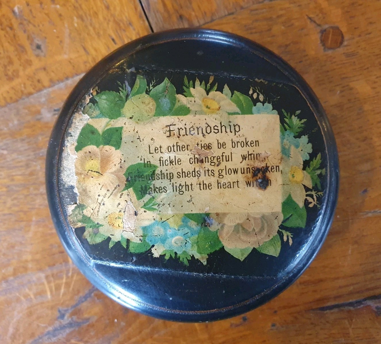 Antique treen Mauchline lidded box round pot 8.5cm Clark & Co sewing Friendship