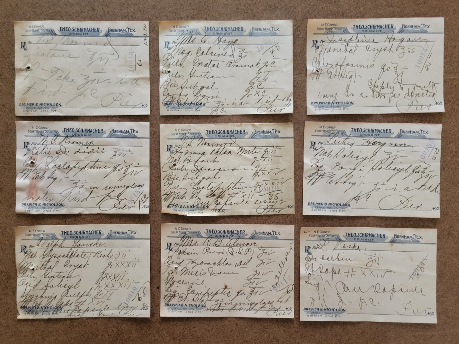 13 ORIGINAL 1912 ANTIQUE PRESCRIPTIONS from Brenham, Texas