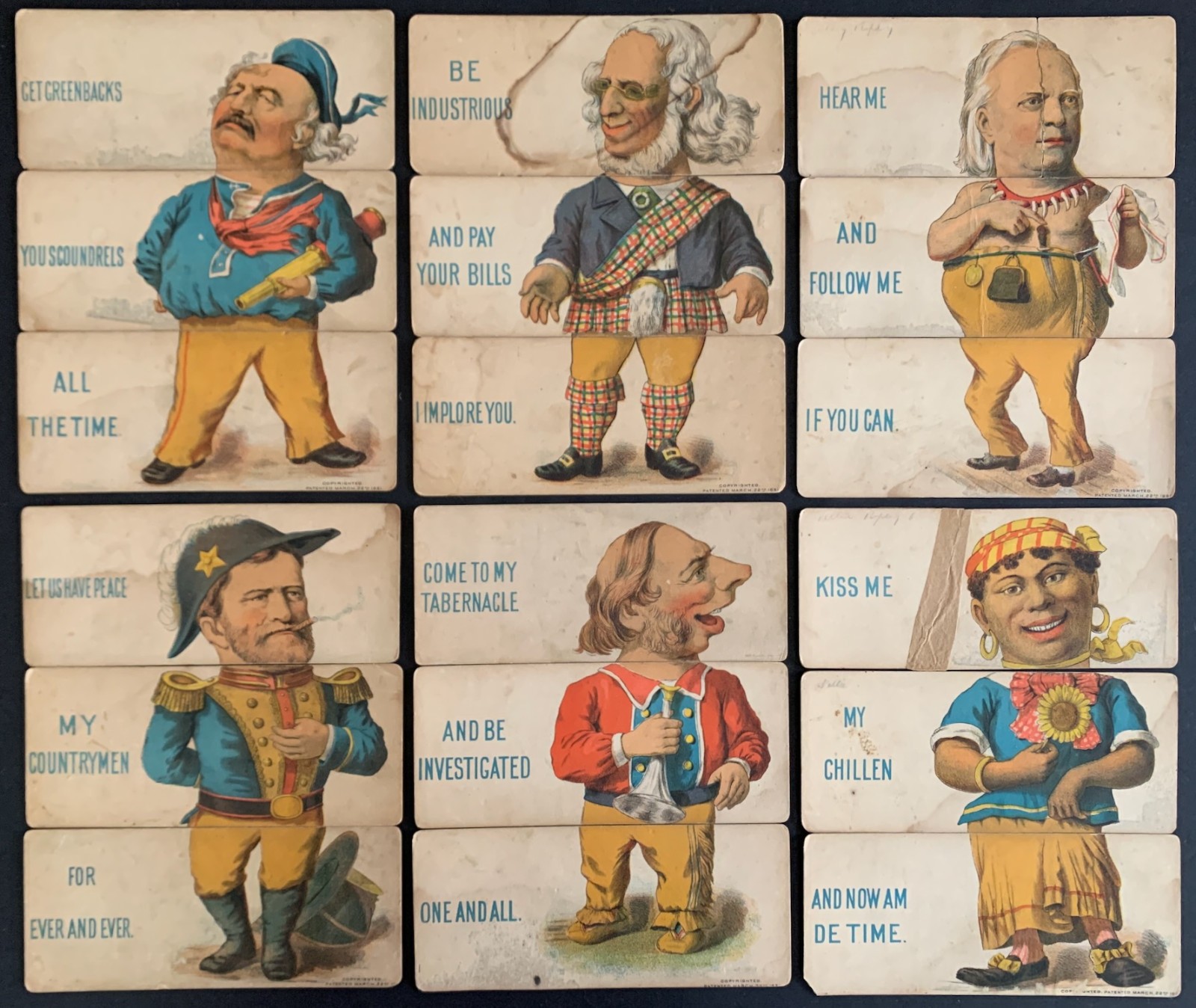 Complete Set of Six American Satirical 1881 Metamorphic Portrait Card Sets