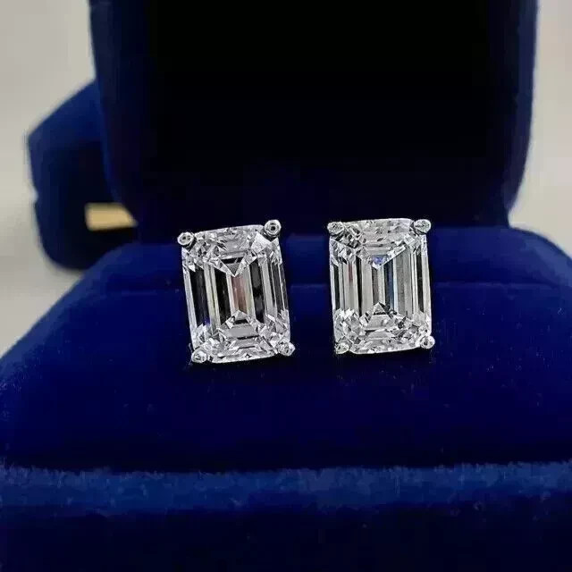 4Ct Emerald Cut Lab Created Diamond Women’s Stud Earrings 14k White Gold Plated