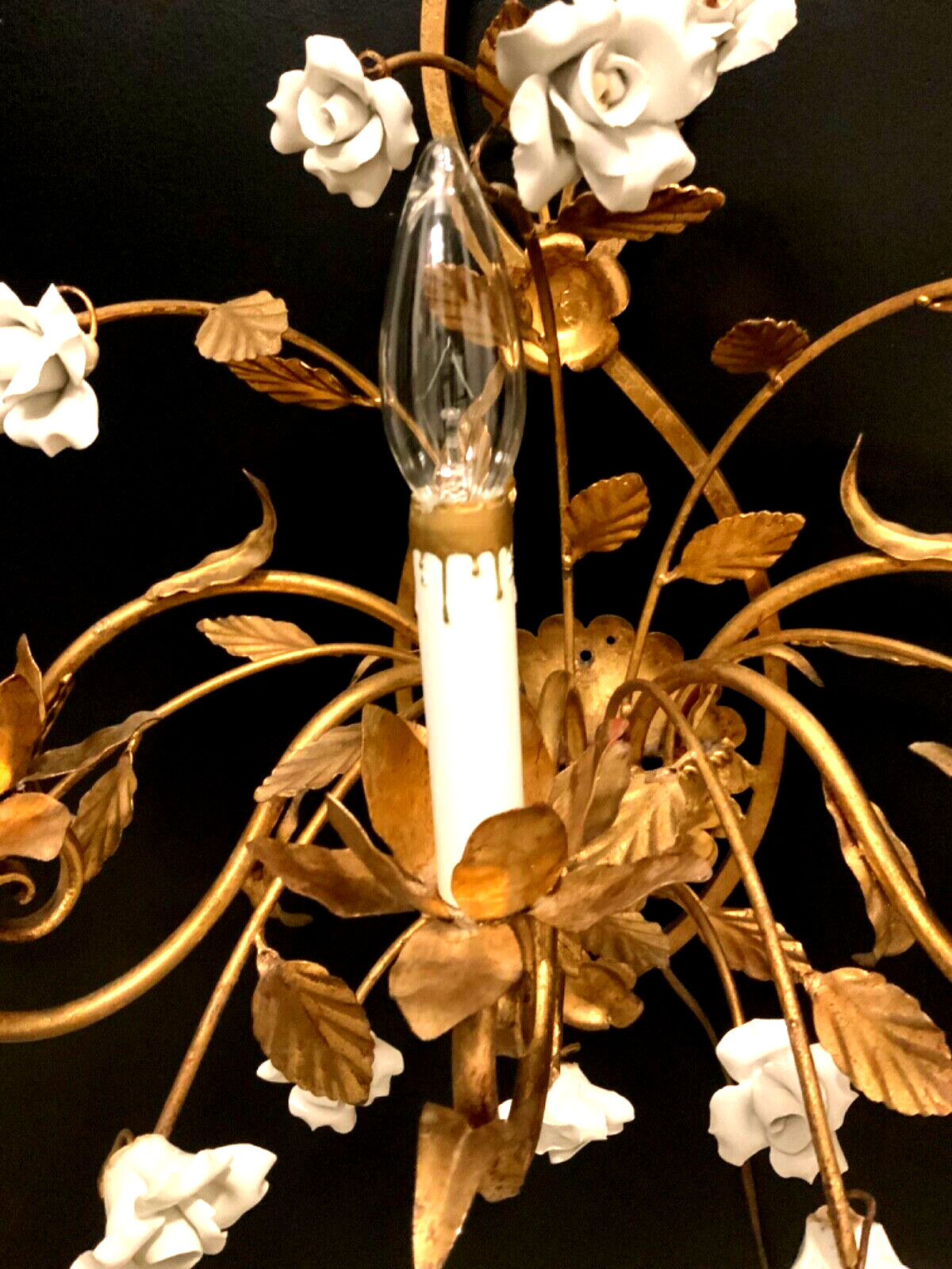 VTG ITALIAN Gold Gilt White PORCELAIN Roses Wall 5 Light SCONCE Stunning Quality