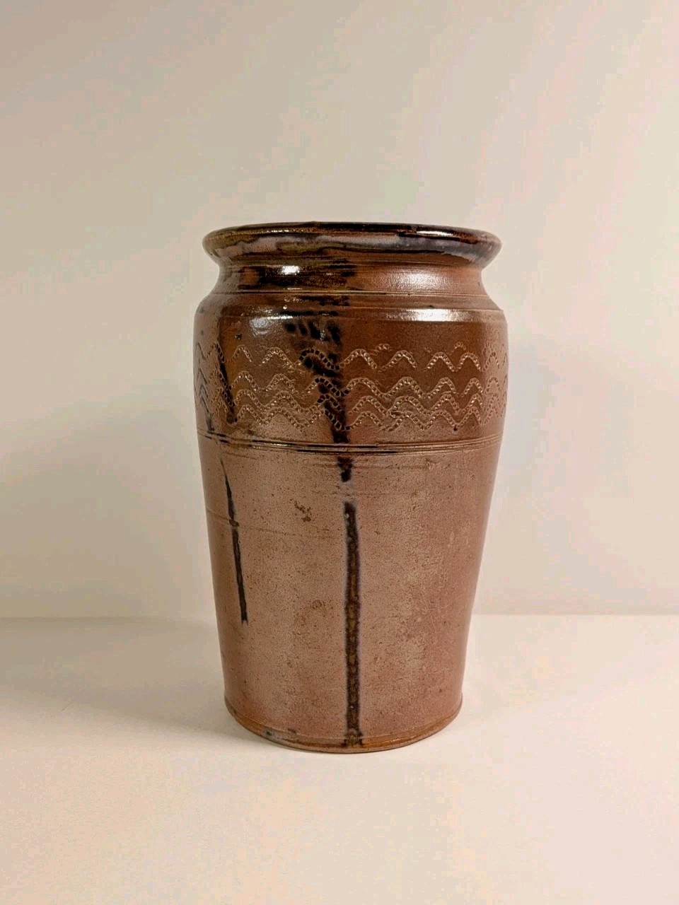 Antique Stoneware Jar Salt Glaze English 6.5″ Brown Tooled Pickle Jam Primative