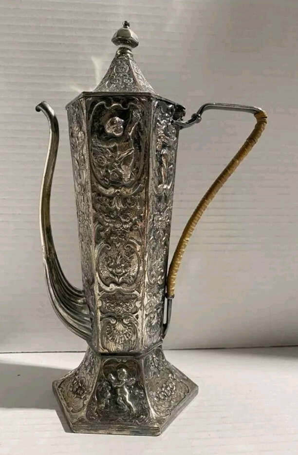 E.G. Webster Rocco Repousse Putti Cherub Gooseneck Teapot Set 1800s Antique